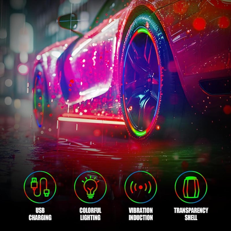 SWTHM 4PCS Tire Valve Light Vibration Sensor Dazzle Color LED Light Rechargeable Tire Valve Caps Lamp 4 Straight & 4 Curved Bases Light Sensor American Style Valves for Cars, Motorcycles, Bicycles - Image 5